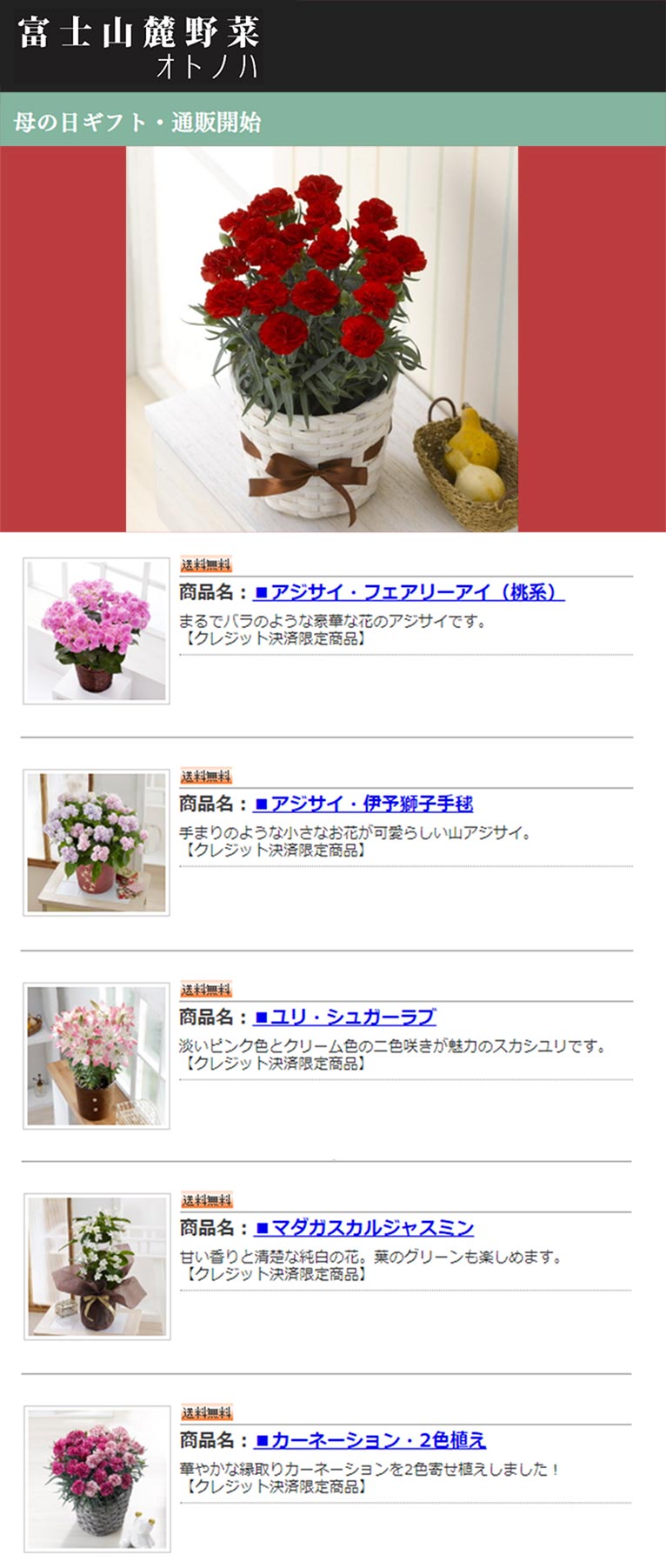 2020年3月12日～『母の日ギフト』の通信販売を開始しました。　通信販売サイト 富士山麓野菜オトノハ
