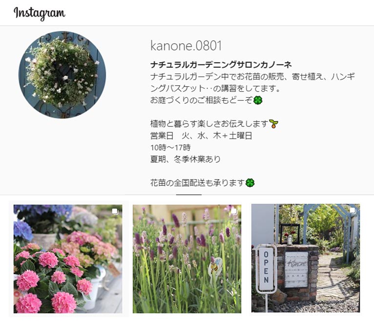 ナチュラルガーデニングサロン カノーネ 酒井寛子 紹介ページ Instagram お花shopの入荷情報