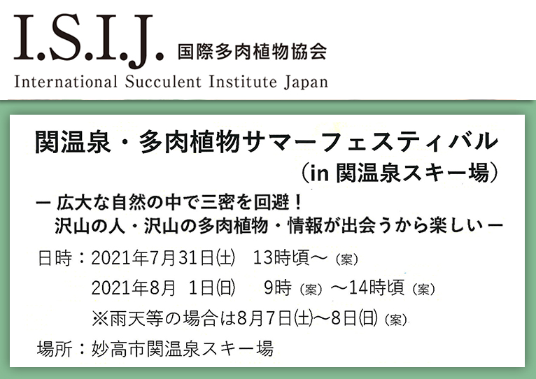 終了 21年7月31日 8月1日関温泉 多肉植物サマーフェスティバル In新潟県関温泉スキー場 広大な自然の中で三密を回避 沢山の人 沢山の 多肉植物 情報が出会うから楽しい Gadenetガデネット