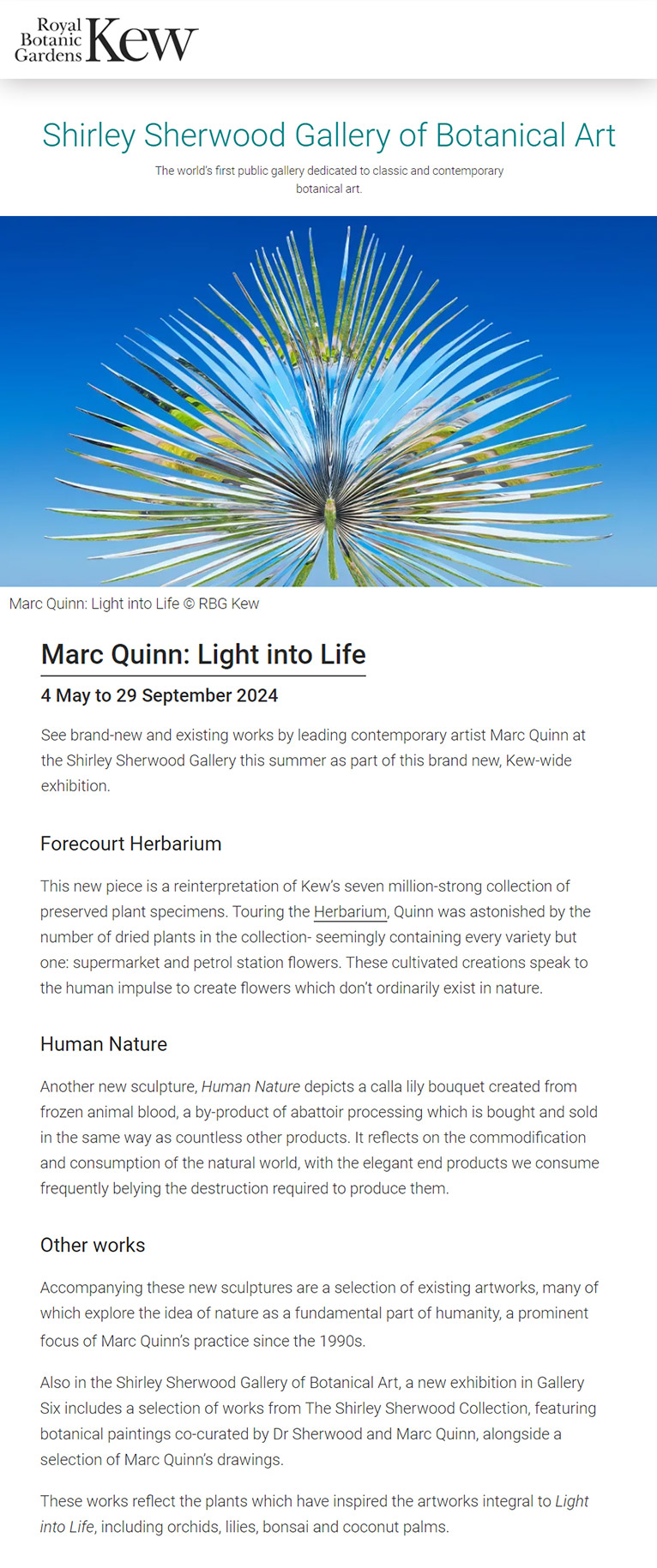 2024年5月4日～9月29日『Marc Quinn: Light into Life』シャーリー・シャーウッド・ギャラリー Kew植物園
