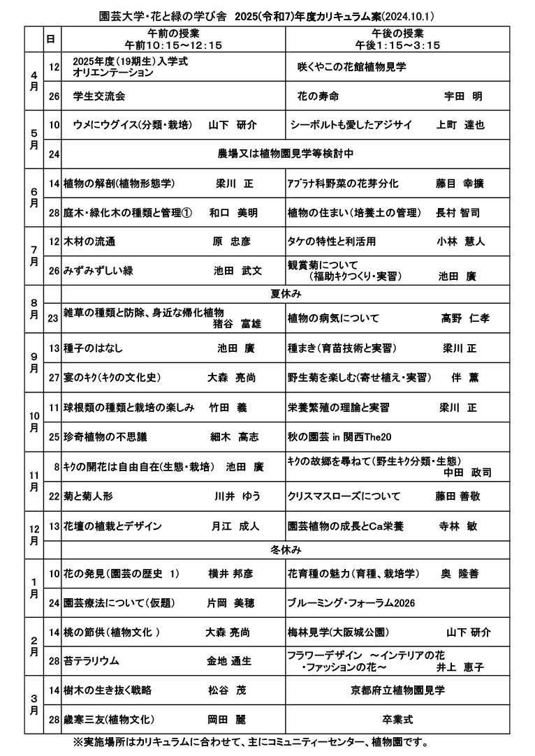 2025年4月12日～2026年3月28日2025年度生募集中！園芸大学･花と緑の学び舎フラワーソサイエティー