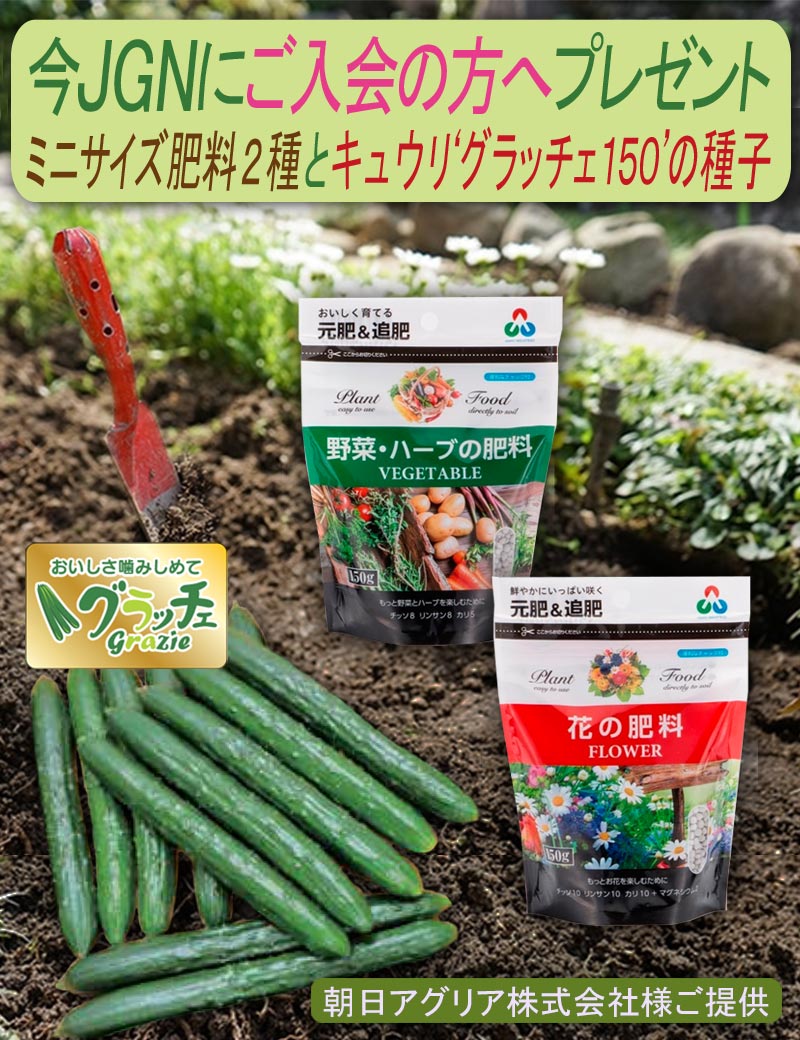 2025年4月28日～　今JGNにご入会の方へ『ミニサイズ肥料2種とキュウリ‘グラッチェ150’の種子』プレゼント！《朝日アグリア株式会社様ご提供》