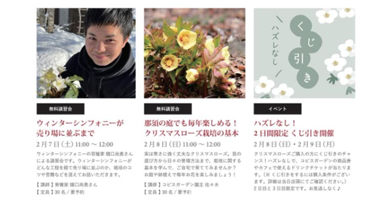 2026年2月7～9日コピスガーデン『春コレ2026』講習会 講師：園主 佐々木清志郎さん・堀切園 樋口尚貴さん　コピスガーデンオンラインショップで クリスマスローズ「ウィンターシンフォニー」販売！