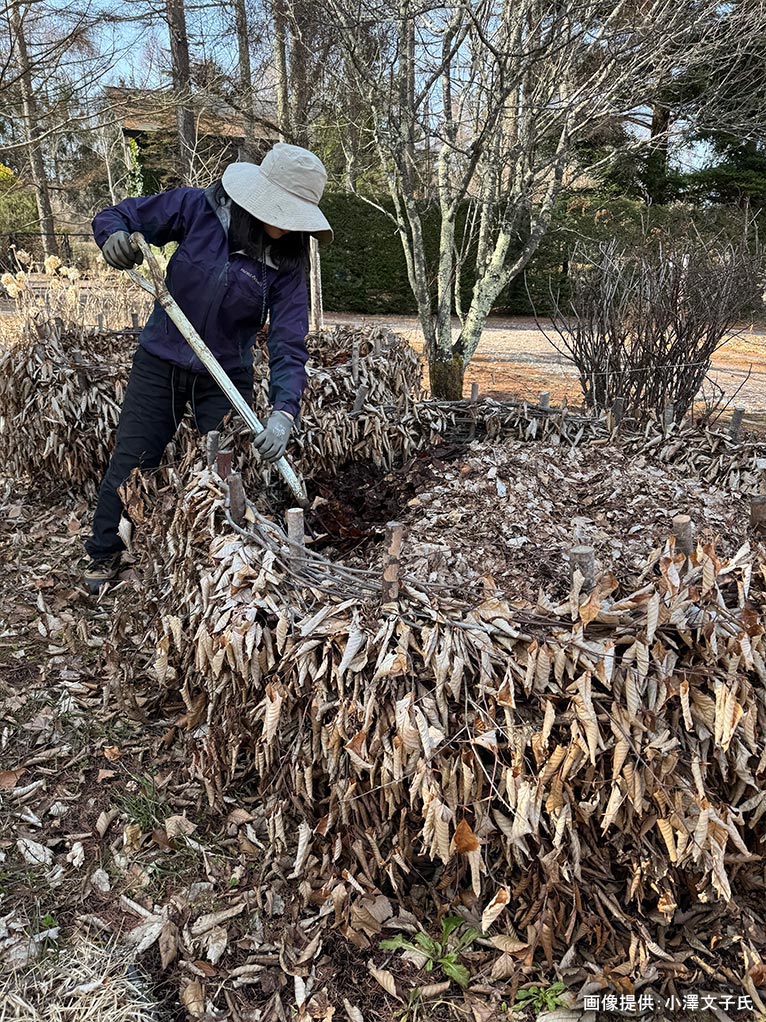 2026年5月24日 JGN 庭の実践講座『恵泉蓼科ガーデンに学ぶ』～プロに学ぶ植栽管理と、季節を愛でる庭作業体験～講師：JGN創立メンバー・恵泉蓼科ガーデン ガーデン長 小澤 文子氏 腐葉土切り返し（イメージ）