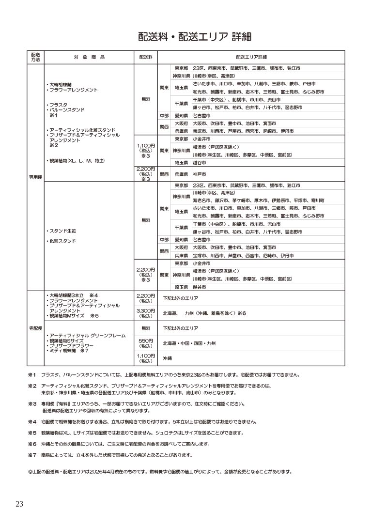 大切な方へ心を込めて贈る フラワー＆グリーンギフト 株式会社セゾンプライム ガーデン事業 配送料・配送エリア 詳細